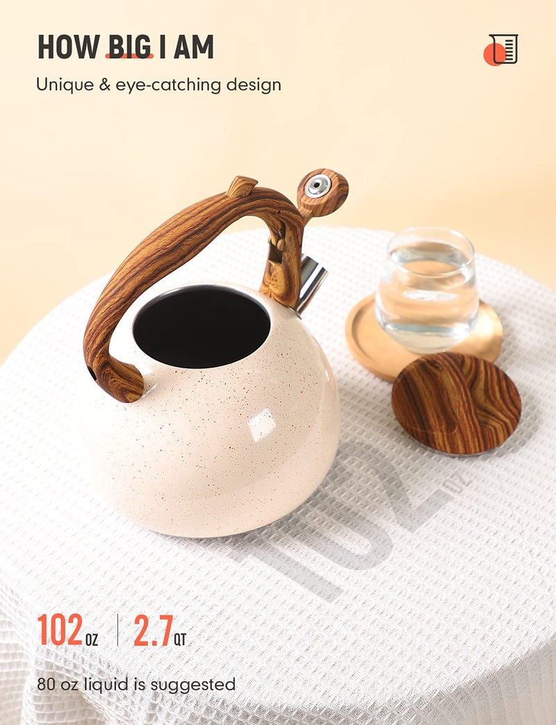 BELANKO 2.7 Quart Tea Kettle for Stovetops - Food Grade Stainless Steel Teapot with Loud Whistle, Cool-Touch Wood Pattern Handle, Rust-Resistant Whistling Kettle - Starry Cream - Image 3